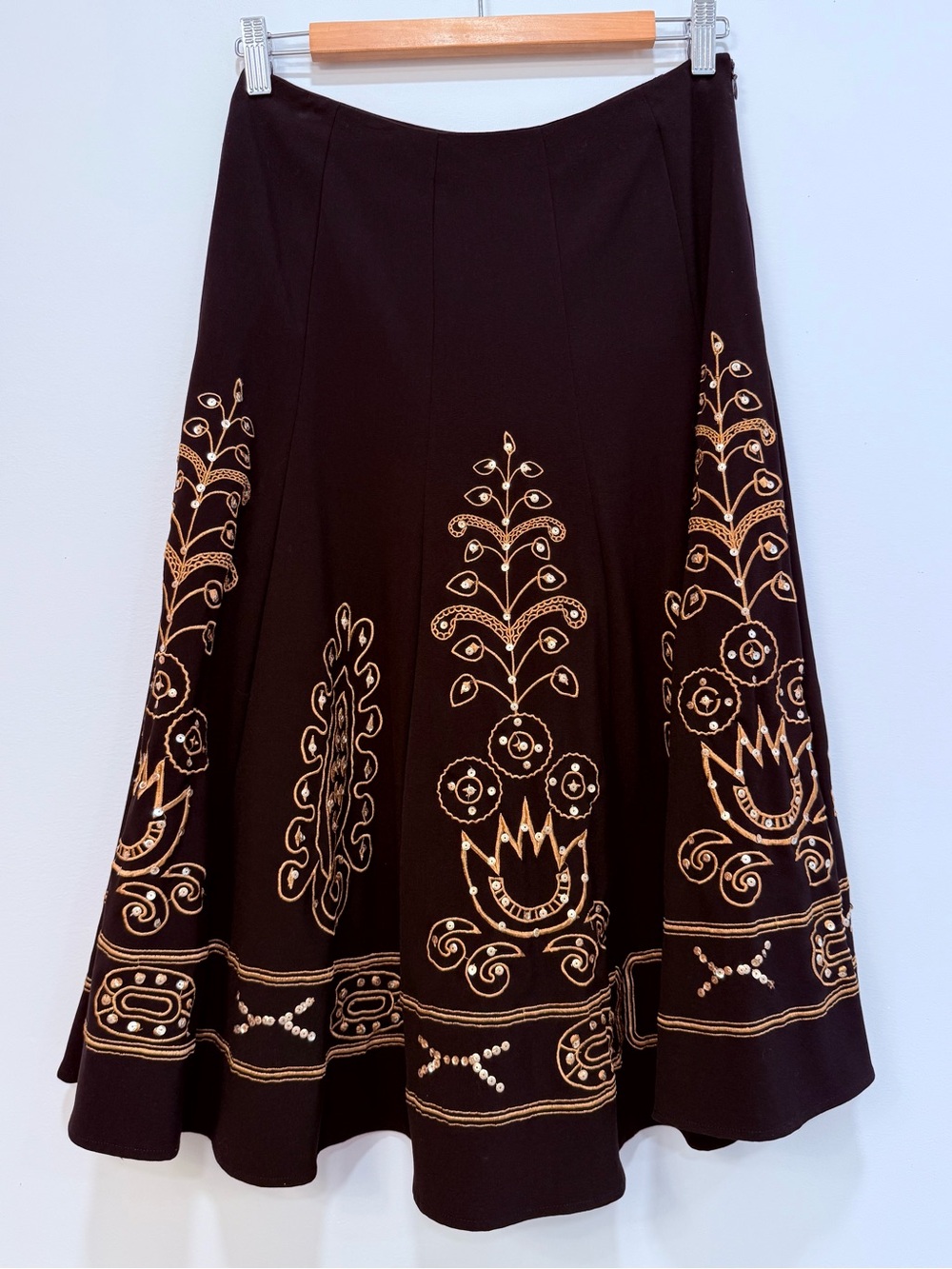 Sunny Leigh Black 90s Y2K Boho Skirt w/Gold Embroidered Sequins A Line Midi EUC